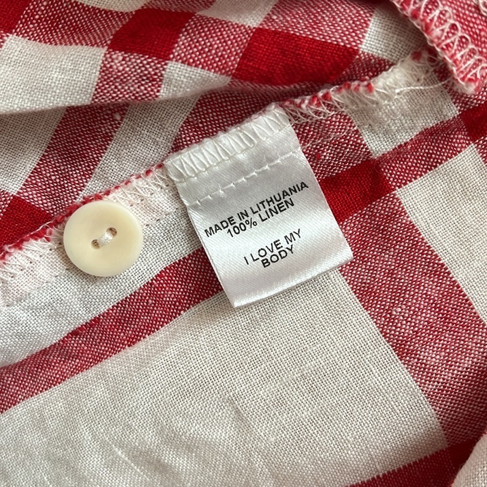 FLAX 100% Linen Red & White Checkered Shirtdress Full Button Front Dress Size P - Picture 5 of 12